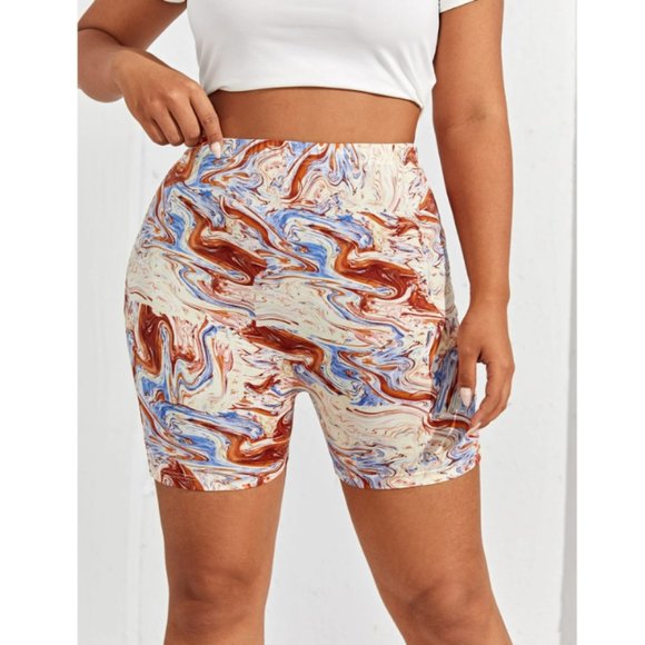 Ivory marble print plus size biker shorts chestnut brown /blue 1X 2X 4X 14 16 20 - Picture 1 of 3